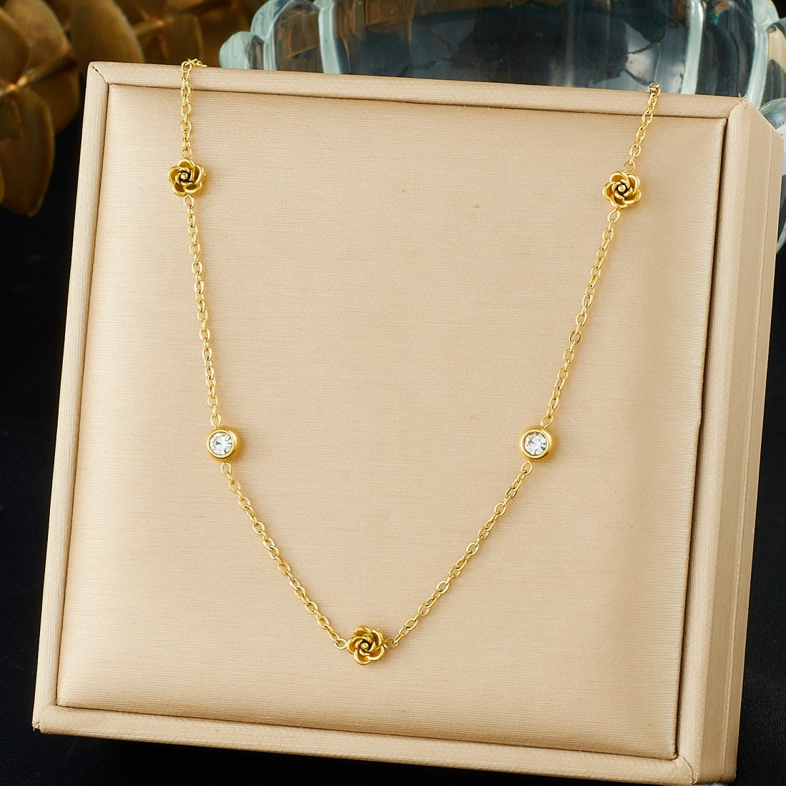 Minimalist Gold Plated Floral Rhinestone Stainless Steel Necklace for Women
