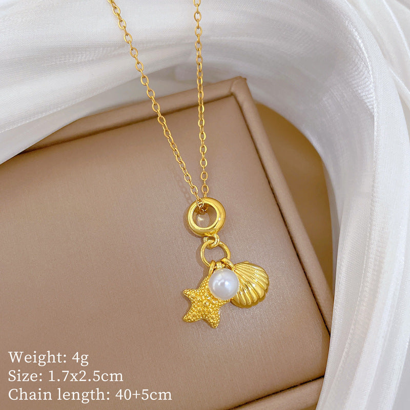 Sweet Minimalist Star Shell Pearl Rhinestone Pendant Necklace Titanium Steel Cable Chain for Women