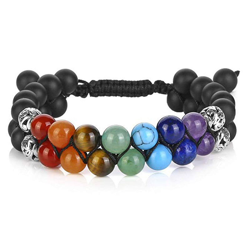 Minimalist Natural Volcanic Lava Stone and White Turquoise Woven Double Layer Adjustable Bracelet