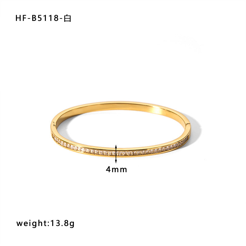 Vintage Minimalist 18K Gold Plated Titanium Steel Cuff Bracelet with White Zircon Inlay for Women