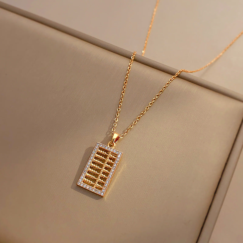 Minimalist Abacus-Shaped Titanium Steel Necklace with Micro-Pave Detailing for Women and Men, Delicate Clavicle Chain with Electroplated Finish