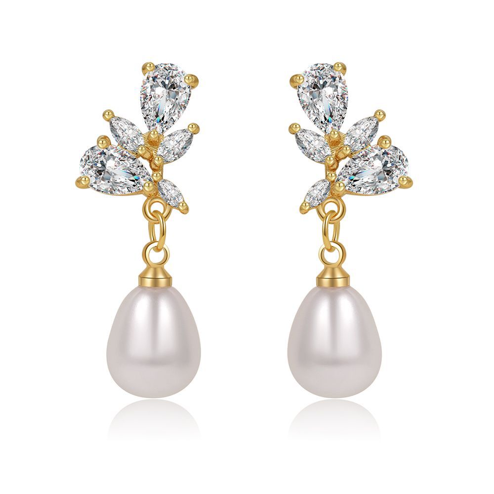 Geometric Round Brass Gold Plated Cubic Zirconia Pearl Drop Earrings for Women