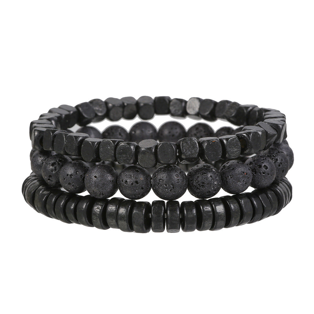 Hip-hop Matte Volcanic Stone Hematite Wood Round Beaded Bracelet Set