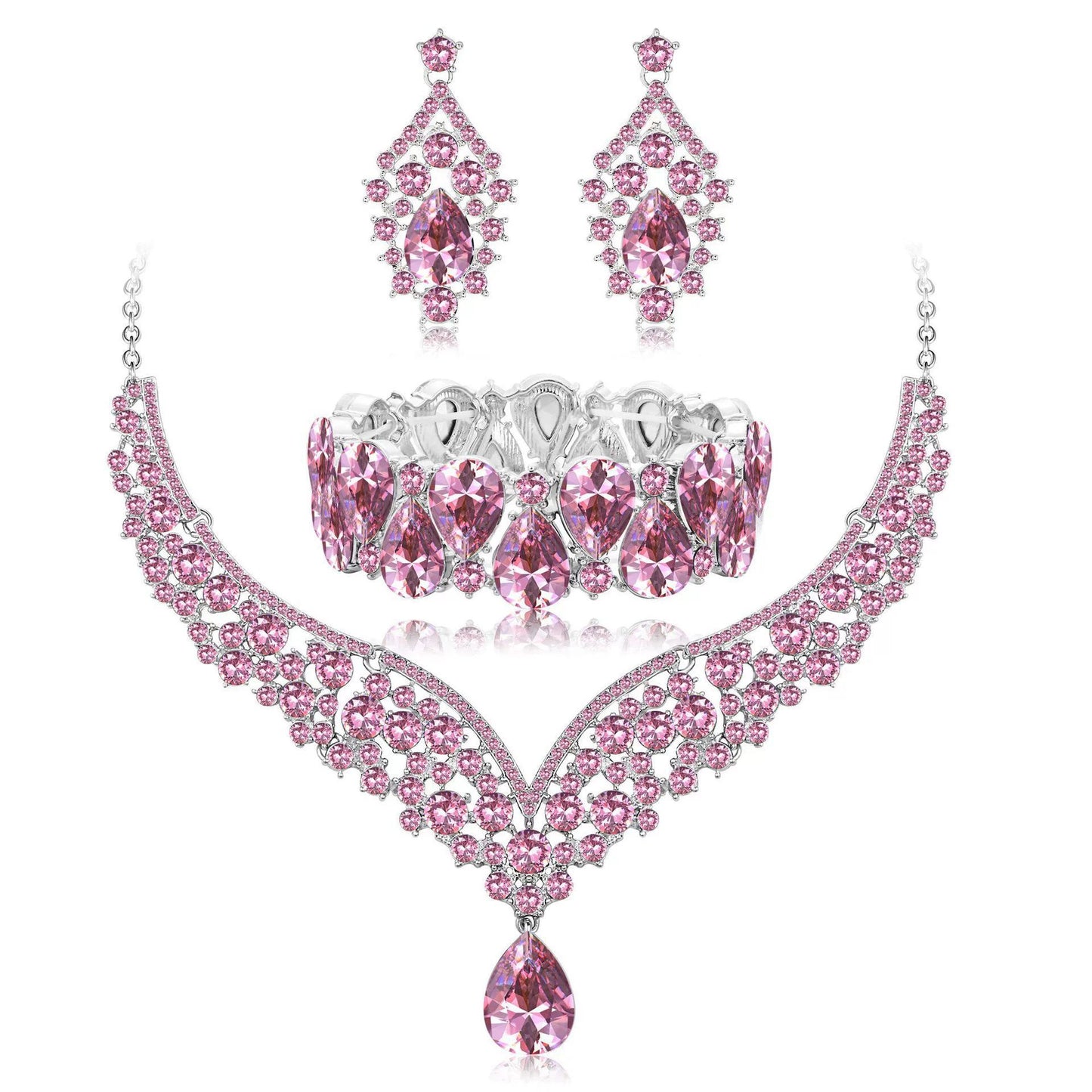 Elegant Heart and Teardrop Shaped Rhinestone Pendant Necklace Set with Electroplated O-Chain, Earrings and Bracelet for Women