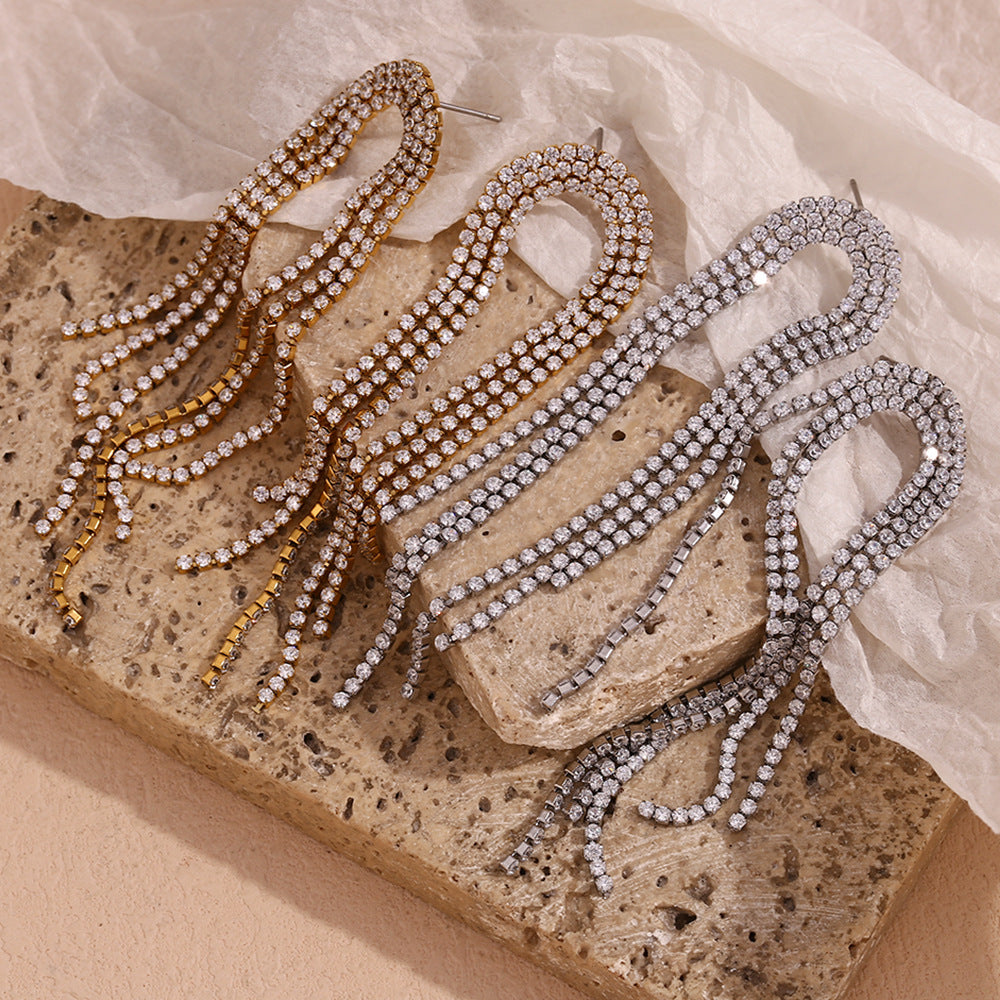 Orecchini a polsino geometrici alla moda in acciaio inossidabile con placcatura in oro 18 carati e pendenti a forma di arco con zirconi micro-incastonati da donna