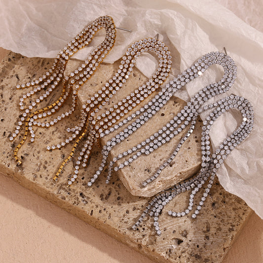 Orecchini a polsino geometrici alla moda in acciaio inossidabile con placcatura in oro 18 carati e pendenti a forma di arco con zirconi micro-incastonati da donna