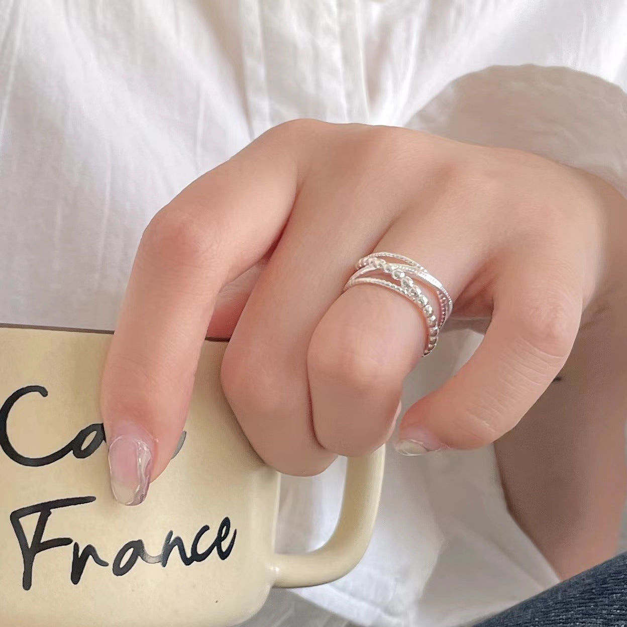 Anello impilabile da donna minimalista stile francese a forma di cuore in argento sterling 925 con design a linee geometriche
