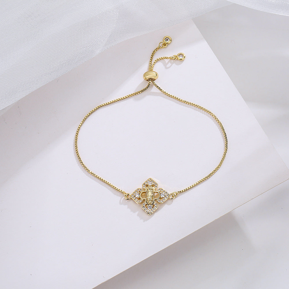 Bracciale minimalista in rame geometrico irregolare con zirconi micro-pavé per donna, regolabile con cordino