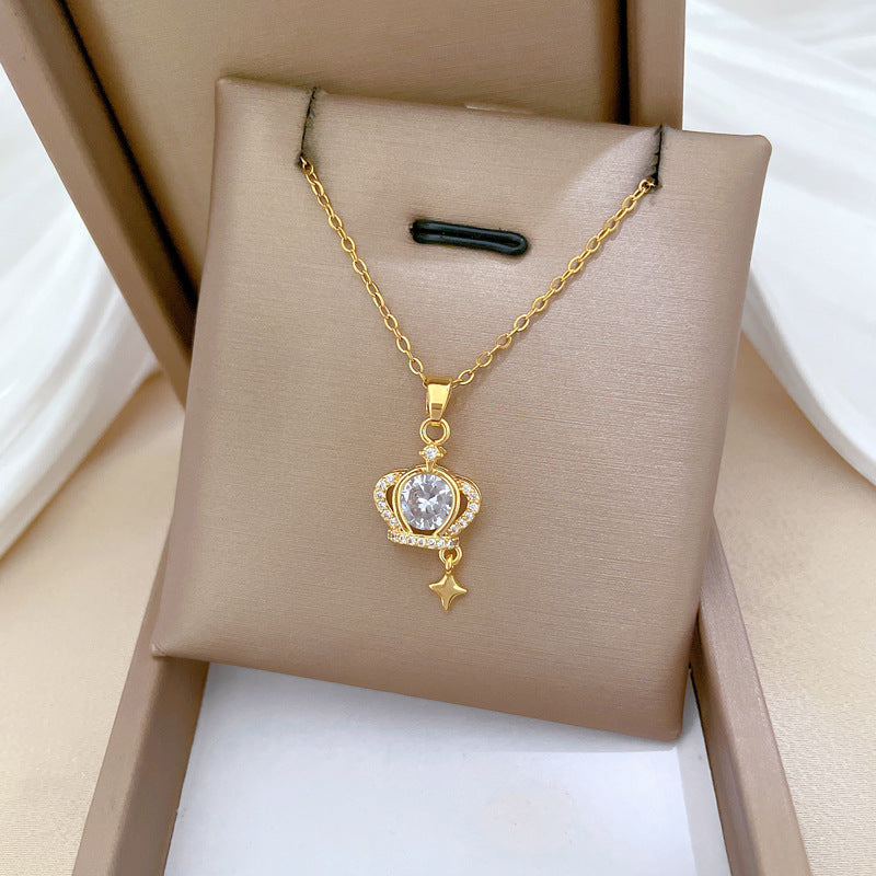 Collar con colgante de lujo estrella corona diamantes de imitación cadena de acero titanio estilo celestial