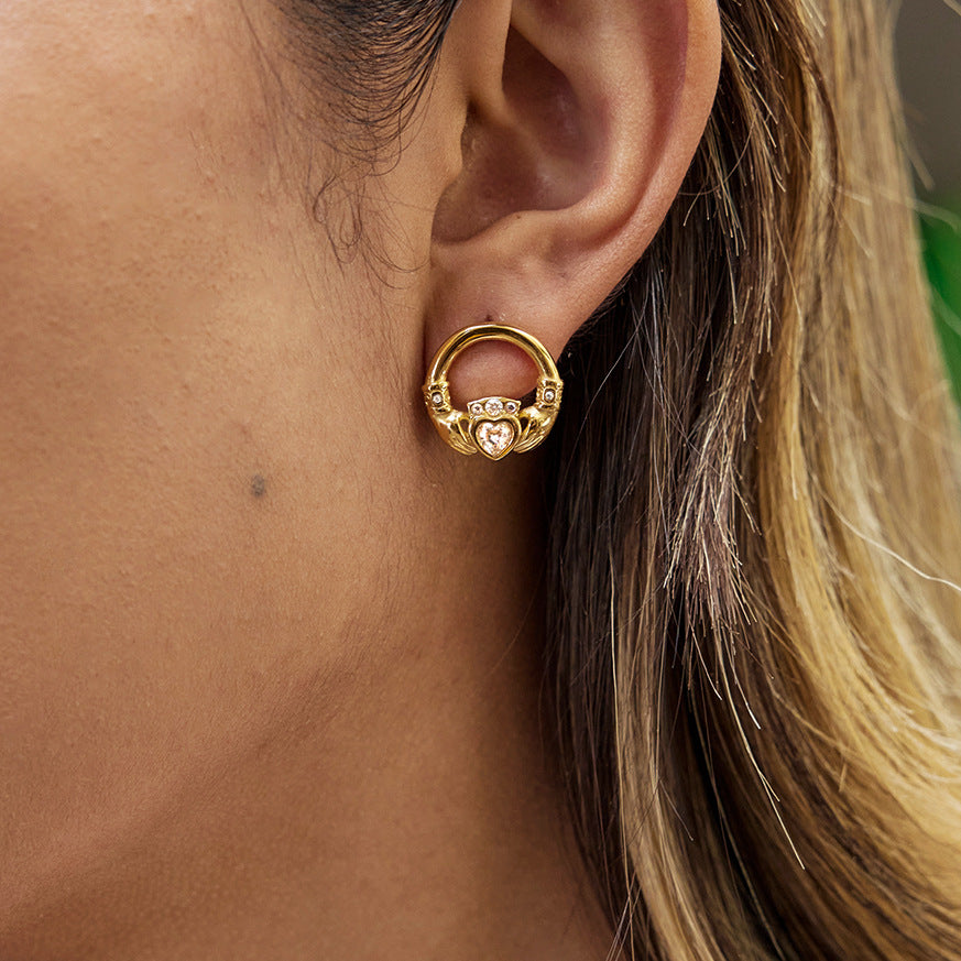 Pendientes de acero de titanio con forma de mano geométrica e incrustaciones de circonio, chapados en oro al vacío PVD, aretes modernos y elegantes para mujer
