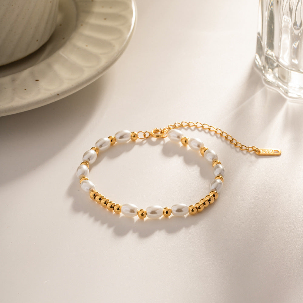 Ins Style Geometric Circle Stainless Steel Bracelet with Glass Pearl and Miyuki Beads Plated in 18K Gold Fashion Jewelry for Women