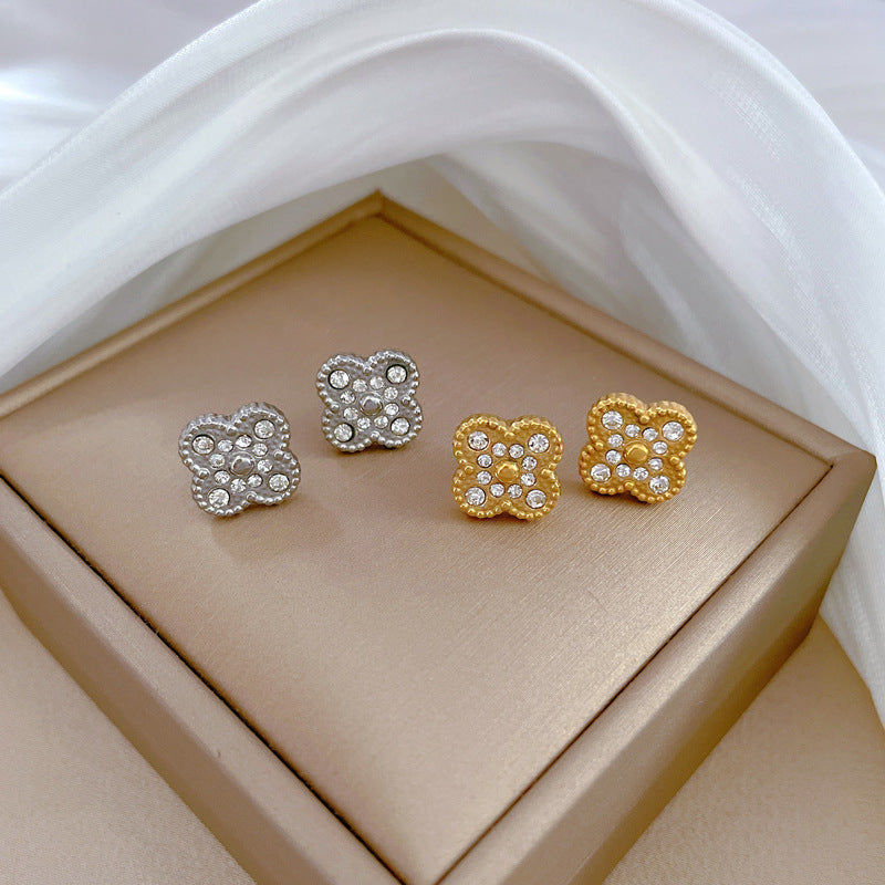 Minimalist Titanium Steel Geometric Ear Studs Lucky Clover Design for Women