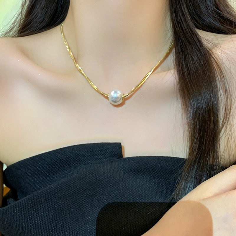 Luxury Geometric Pearl Double Layer Titanium Steel Snake Chain Necklace for Women with Plated Finish