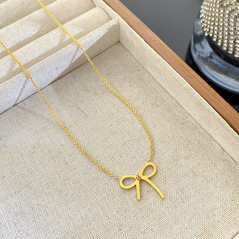 Minimalist Luxury Geometric Plated Titanium Steel Bowknot Pendant Necklace for Women