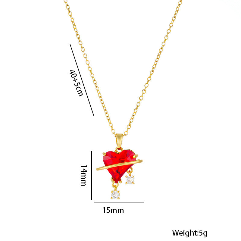 Sweet Heart-Shaped Titanium Steel Necklace for Women with Rhinestone Inlay and Plated Finish