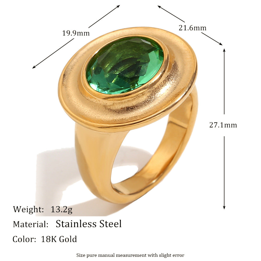 Vintage Style Oval-Shaped Stainless Steel Ring with 18K Gold Plating and Green Zircon Inlay for Women