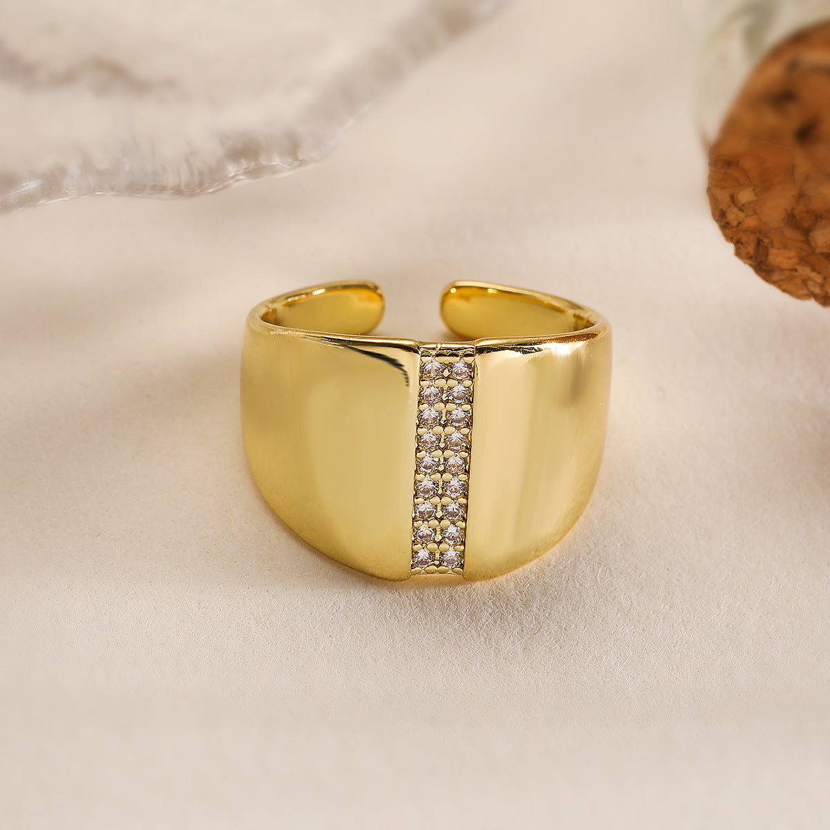 Minimalist Geometric Open-Ended Ring for Women Made of Brass with 18K Gold Plating and Zircon Inlay