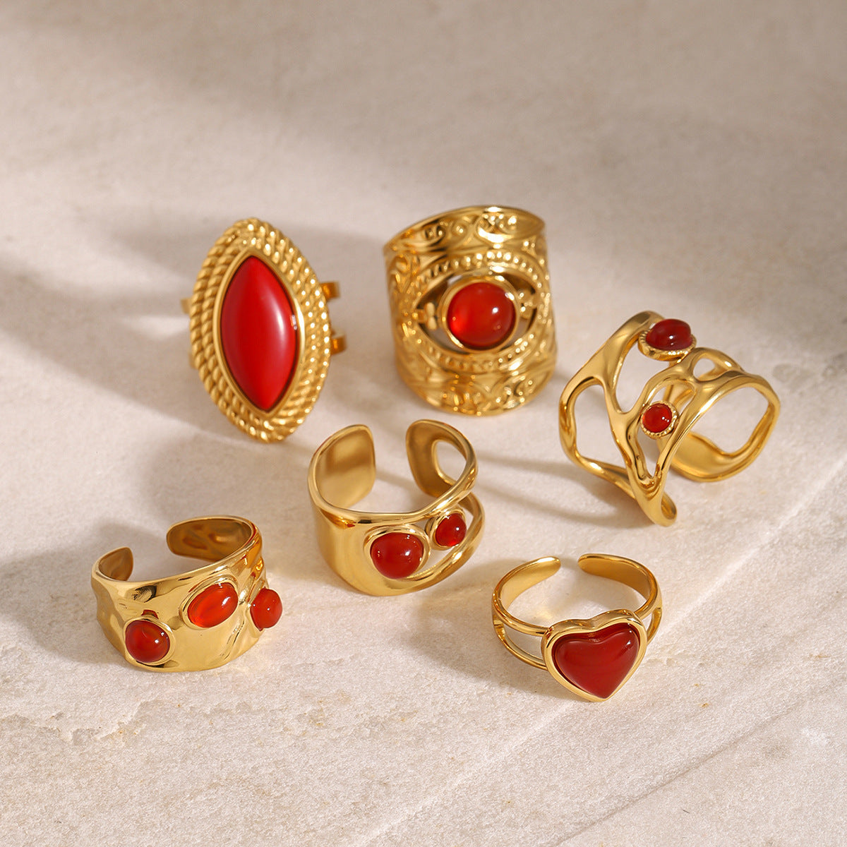 Anello geometrico in acciaio inossidabile con intarsio in agata rossa da donna, accessorio di moda regolabile aperto elettroplaccato