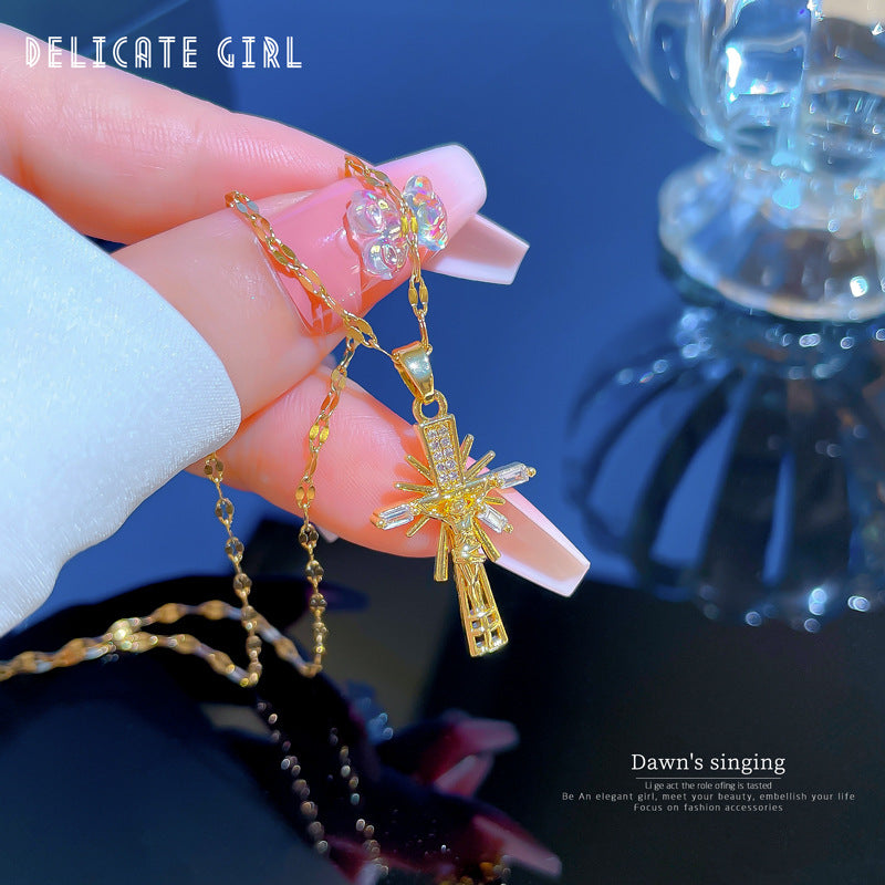 Collana con ciondolo a croce geometrica minimalista in acciaio al titanio con intarsio in rame placcato oro per uomo e donna