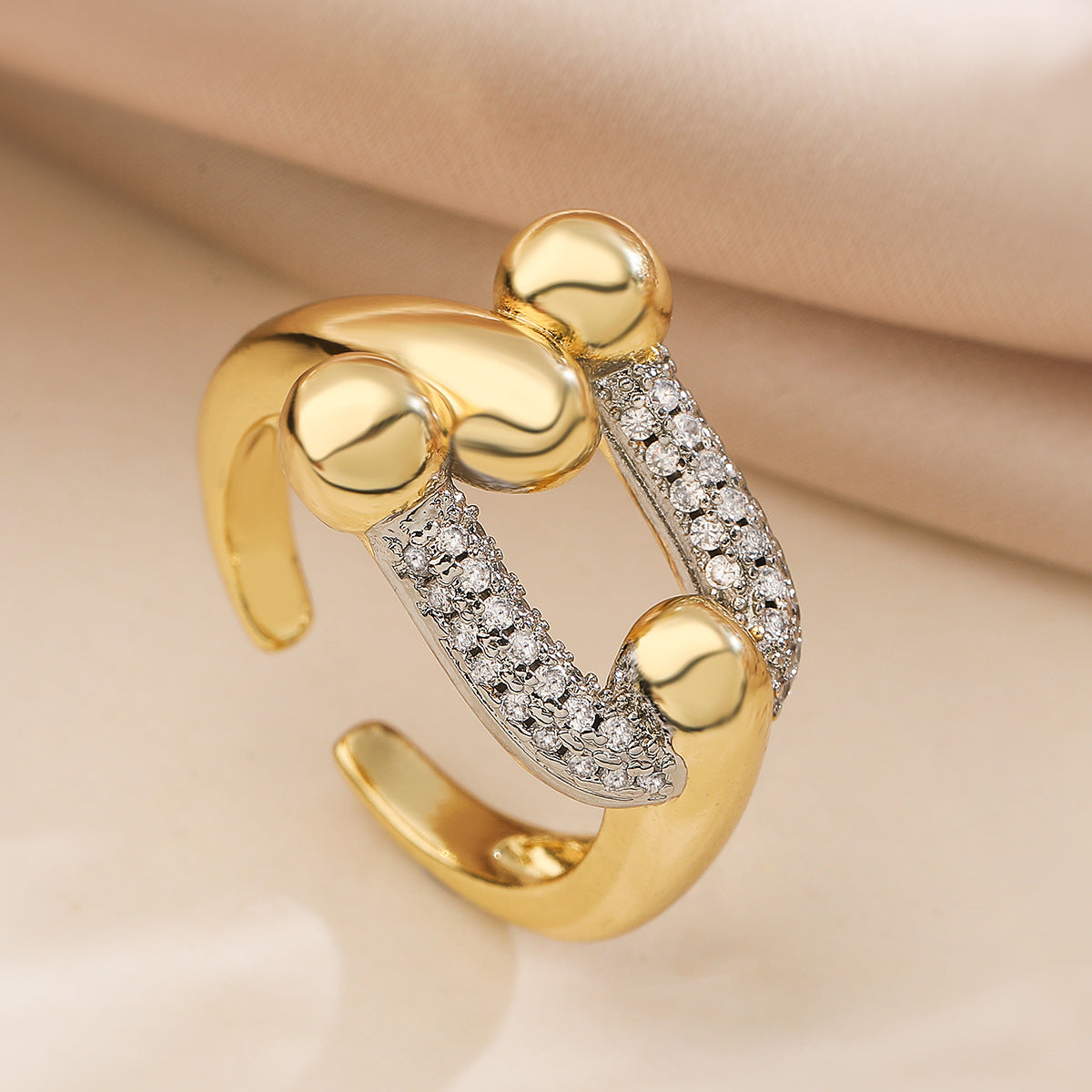 Minimalist Two-Tone Plated Geometric Open Ring with Cubic Zirconia for Women