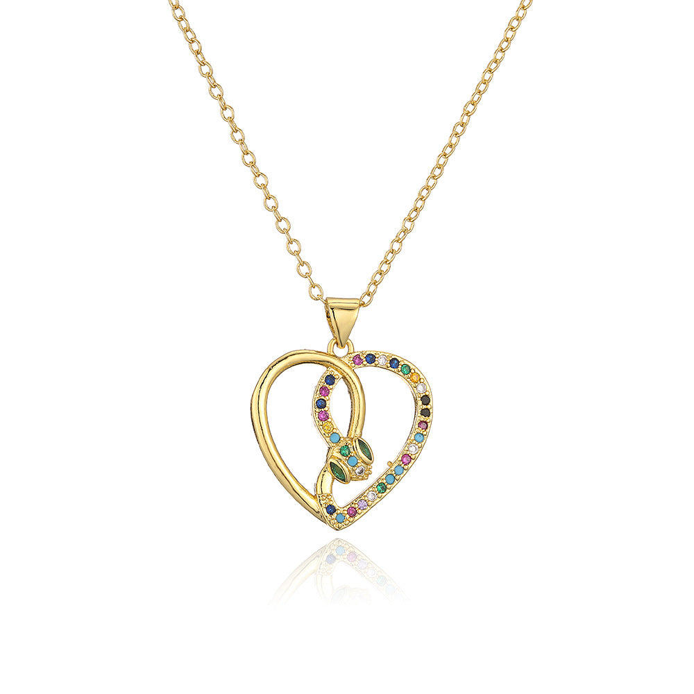 INS Style Geometric Heart Eye Snake Pendant Necklace in Copper with 18K Gold Plating and Micro-Pave Zirconia