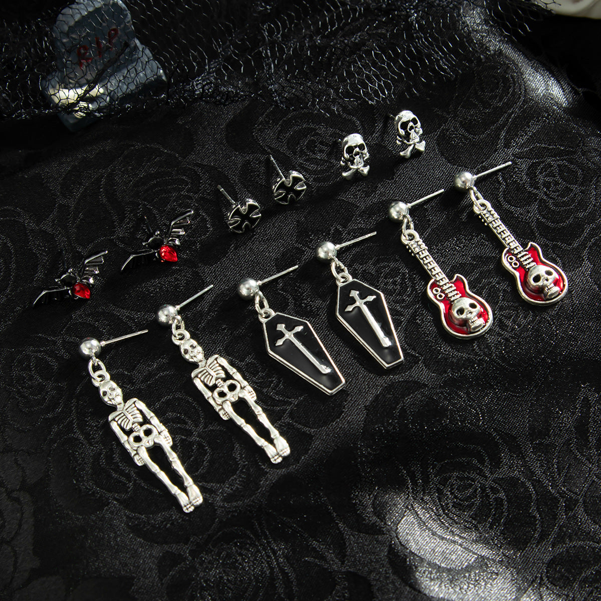 Vintage Alloy Plated Animal Shape Crystal Tassel Earrings Set with Bat and Rose Design for Women