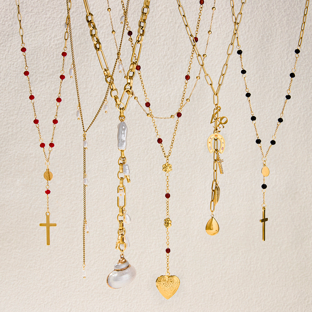 Collana con pendente a croce minimalista da donna in acciaio al titanio placcato, su catena a Y