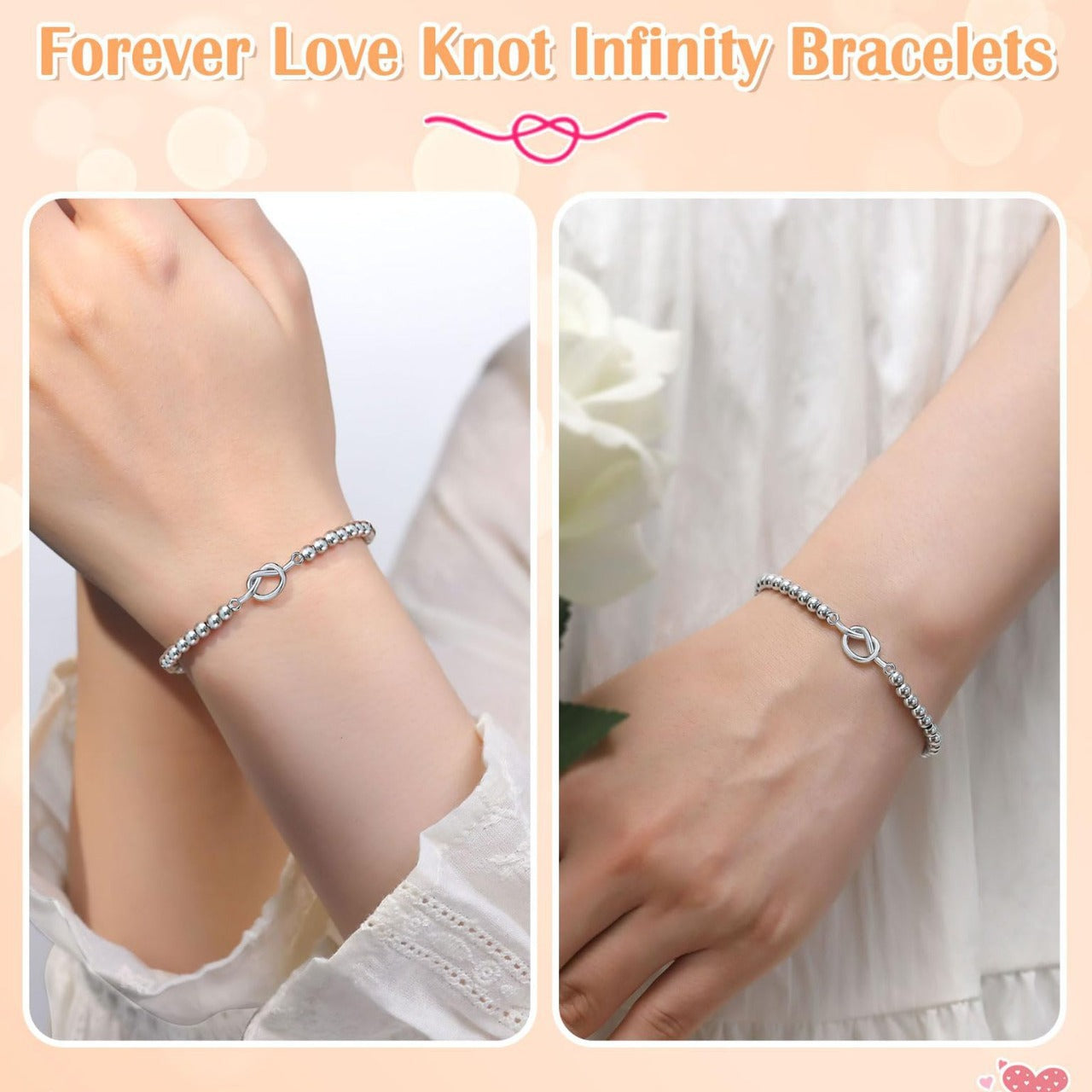 Minimalist Elegant Heart Knot Plated Stainless Steel Ball Chain Adjustable Bracelet for Women