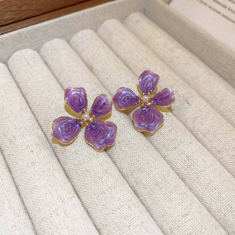 Vintage Floral and Geometric Enamel Earrings for Women with Gold-Plated Brass Base and Stainless Steel Posts
