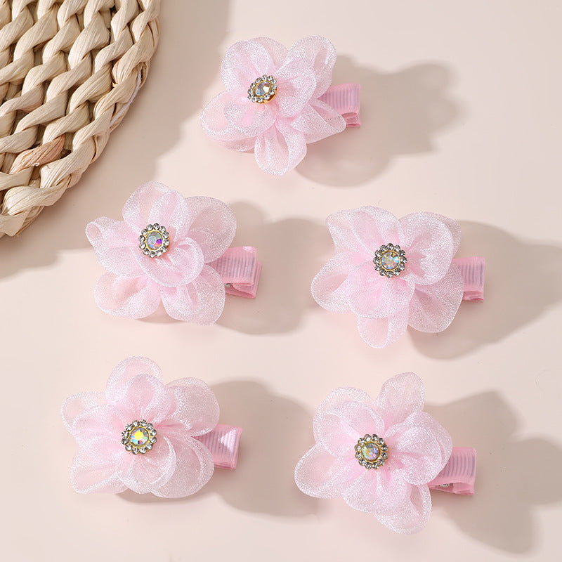 Pasador de pelo de poliéster con forma de lazo de estilo natural para niñas con detalles de volantes y malla, juego de pasadores de pico de pato