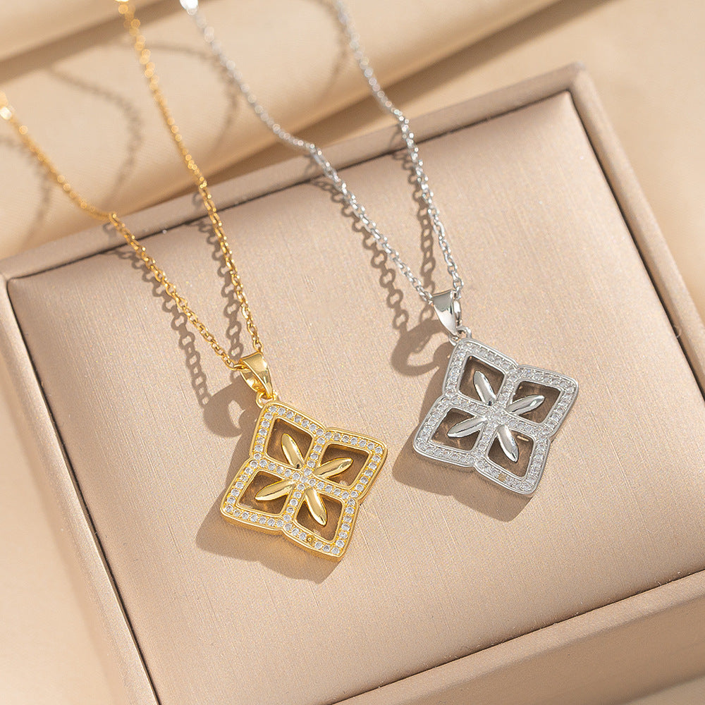 Luxury Minimalist Rhombus-Shaped Flower Pendant Necklace in 18K Gold Plated Titanium Steel with Cubic Zirconia on O-Chain for Women