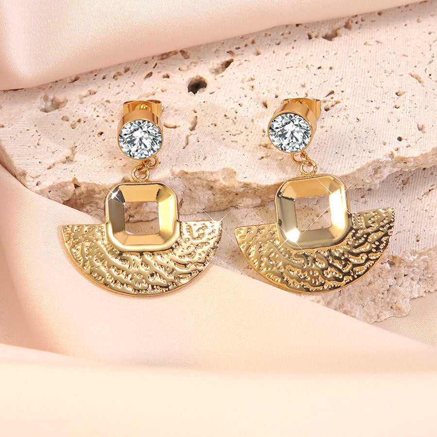Vintage Geometric Fan-Shaped Textured Plated Stainless Steel Earrings for Women