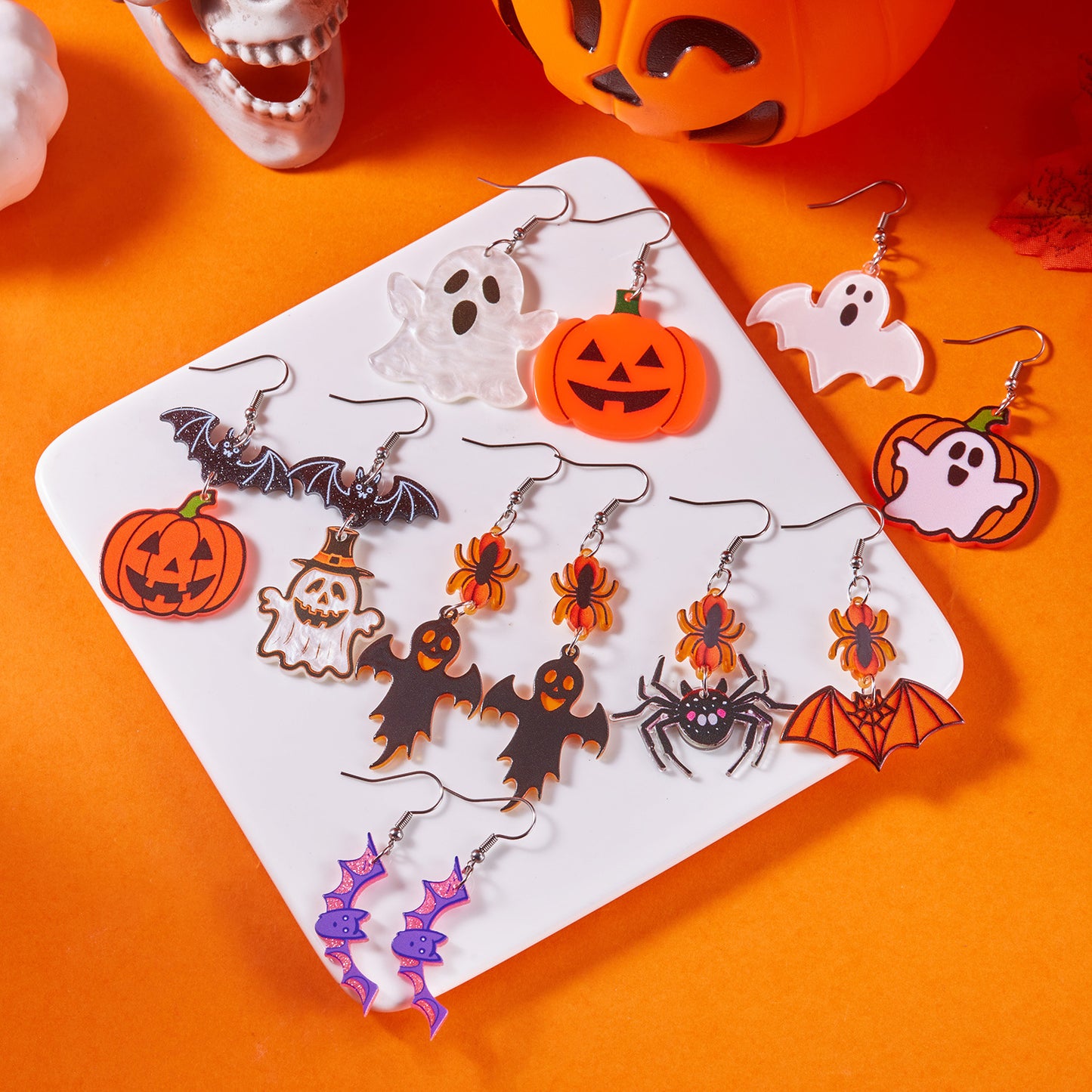 Orecchini Asimmetrici in Acrilico a Tema Halloween con Pipistrello Zucca Ragno Fantasma e Motivo Stampato per Uomo e Donna