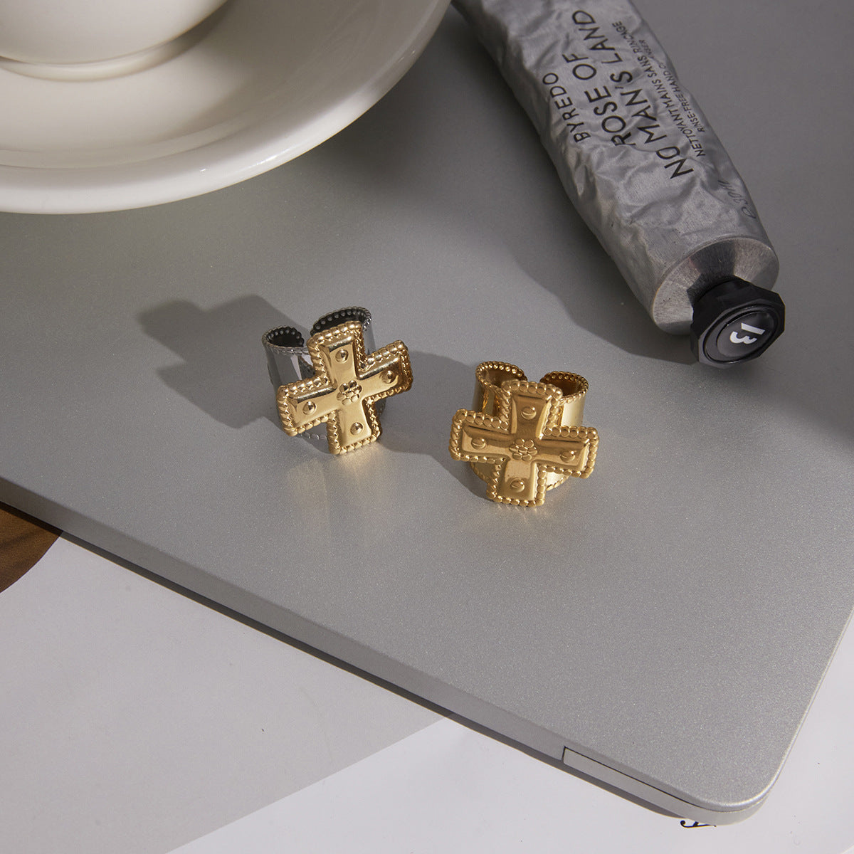 Fashion Geometric Cross PVD Stainless Steel Ring for Women