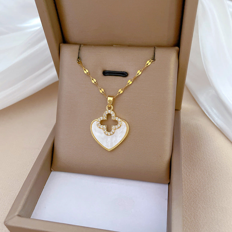 Collana pendente minimalista con cuore e quadrifoglio in acciaio inossidabile con strass per donna e uomo