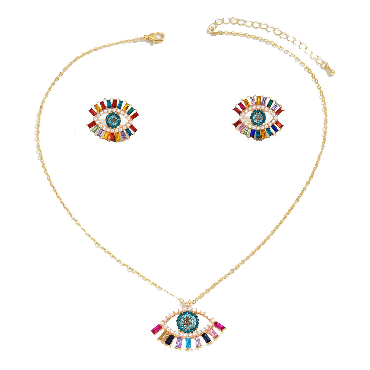 Juego de collar con colgante de ojo de ángel de estilo hip hop minimalista y pendientes de tuerca para mujer, aleación con incrustaciones de diamantes de imitación