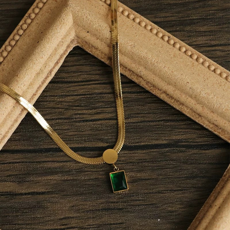 Vintage Green Square Cubic Zirconia Titanium Steel Necklace with Flat Snake Chain for Women