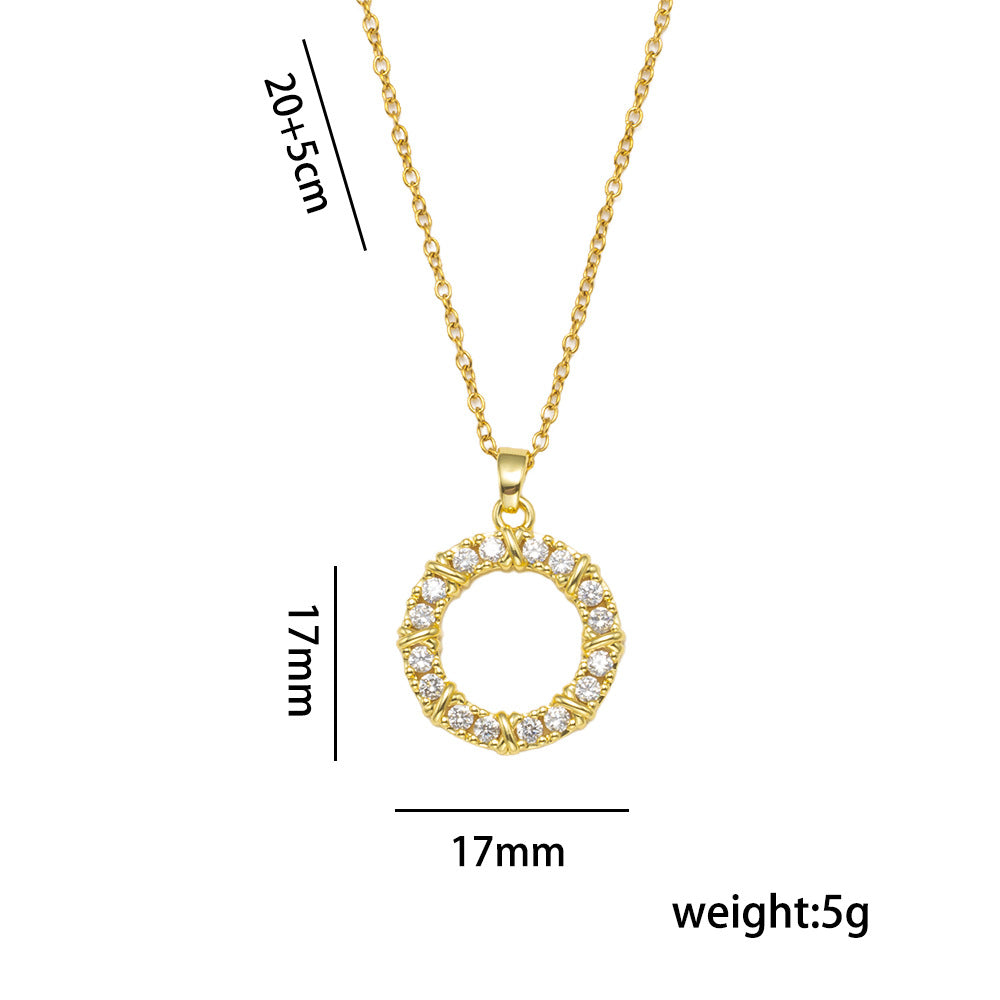 Luxury Minimalist Round Geometric Necklace Ring Set in Titanium Steel with Gold Plating and Rhinestone Inlay for Women