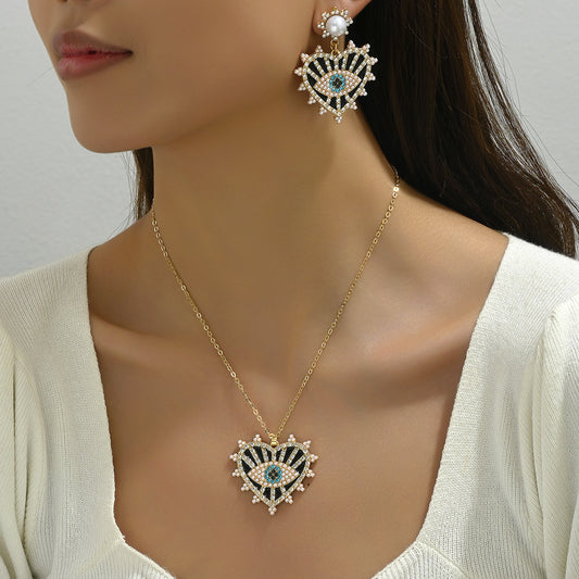 Collar con dije de ojo turco retro de hip hop y aretes con incrustaciones de diamantes de imitación para mujer, diseño de corazón y lágrima de aleación