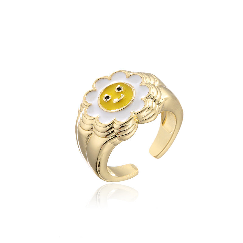 Cute Geometric Drip Oil Gold Plated Brass Sunflower Smile Open Ring for Women
