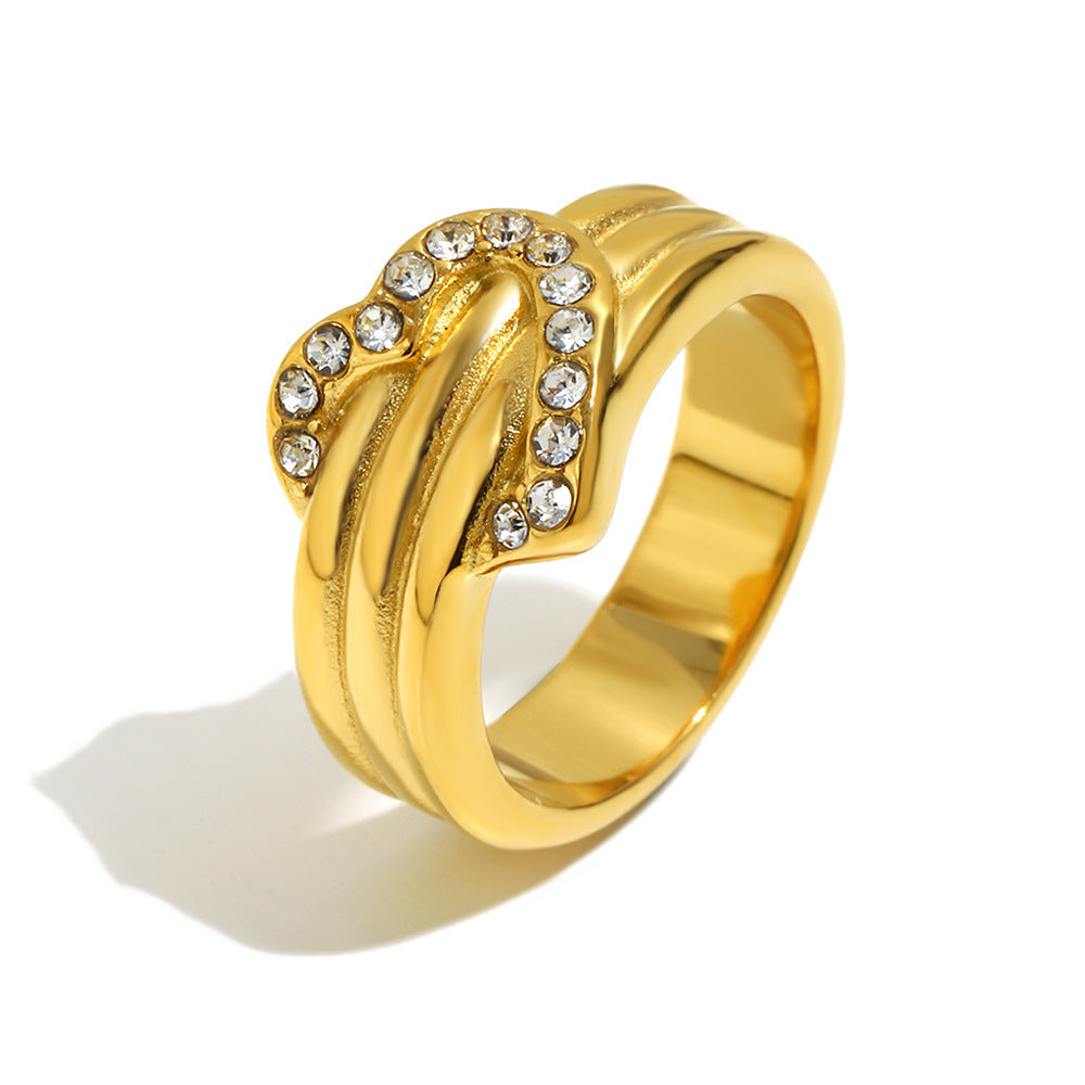 Minimalist Luxury 18K Gold Plated Stainless Steel Heart Rhinestone Ring for Women