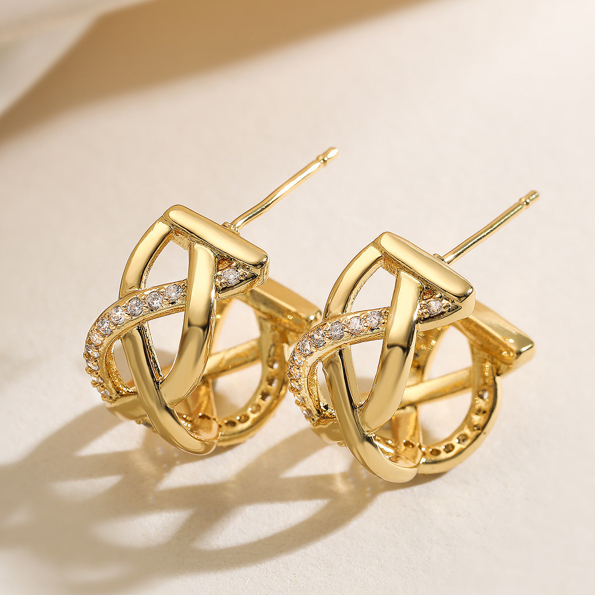 Minimalist Luxury Geometric Gold Plated Brass Stud Earrings with Cubic Zirconia for Women