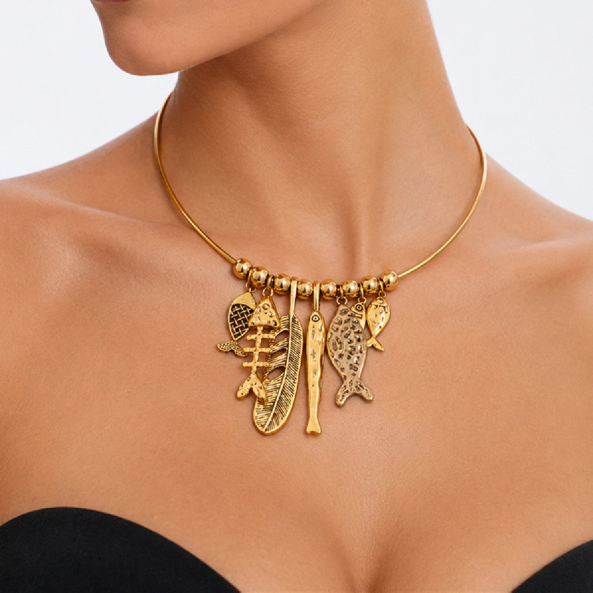 Vintage Geometric Fish Bone Pendant Zinc Alloy Brass Plated Ball Chain Choker Necklace