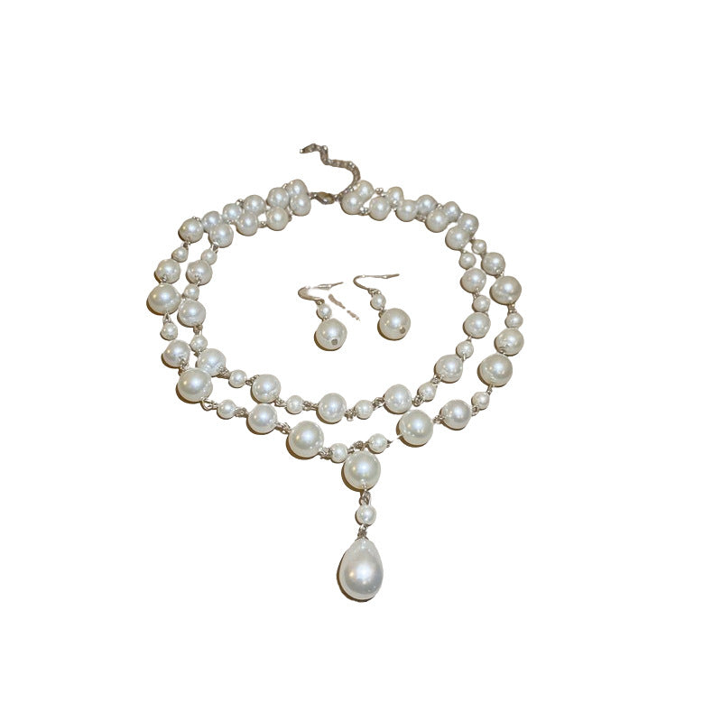 Collar con colgante de perlas de estilo vintage francés con pendientes de gancho para mujer, delicada cadena de clavícula, joyería de lujo minimalista