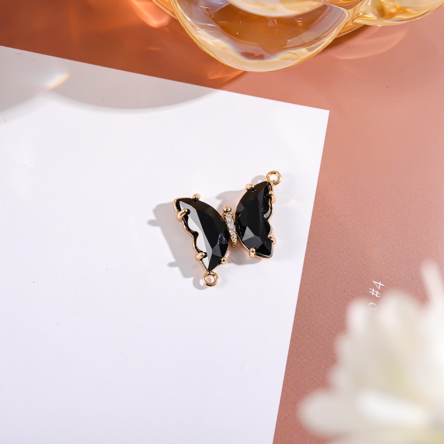 Sweet Gradient Glitter Crystal Butterfly Double Pendant Brass Plated Charm Bar