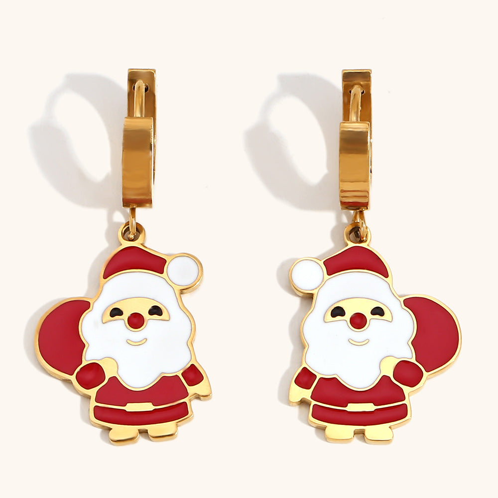 Fashionable OL Style Cartoon Santa Claus Sled Reindeer Christmas Tree Earrings for Women in Stainless Steel with 18K Gold Plating