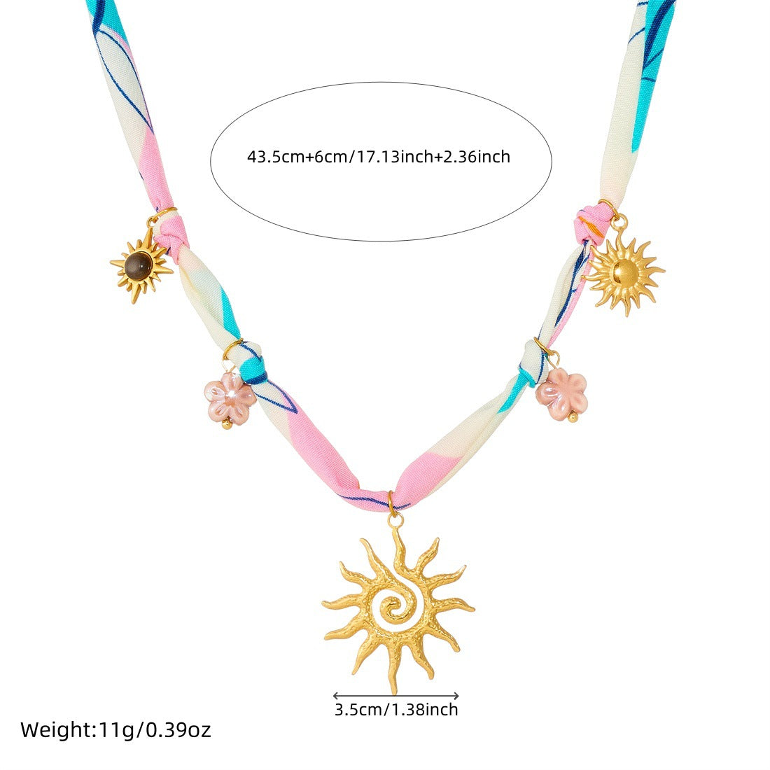 Sweet Tie-Dye Flower Sun Gold Plated Stainless Steel Tiger's Eye Pendant Necklace with Rope Chain