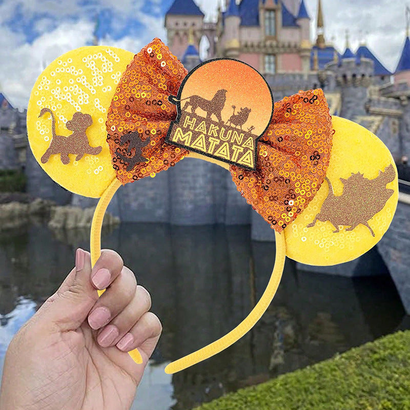 Diadema estilo caricatura de orejas de Mickey Mouse para niños con ribete floral rosa y revestimiento de resina