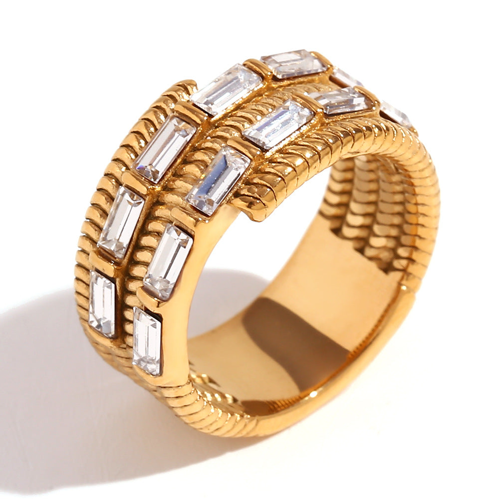 Vintage-Inspired Geometric Stainless Steel Ring with 18K Gold Plating and Micro-Pave Heart Flower Design for Women
