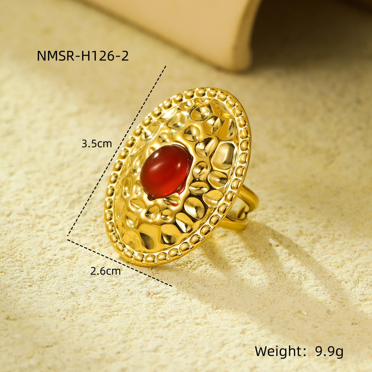 Elegante anillo de acero inoxidable ovalado arrugado estilo vintage francés con incrustaciones de piedra natural para mujer